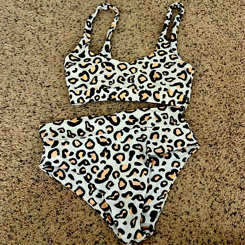 In famous swim, cheetah print, high waisted, bathing suit